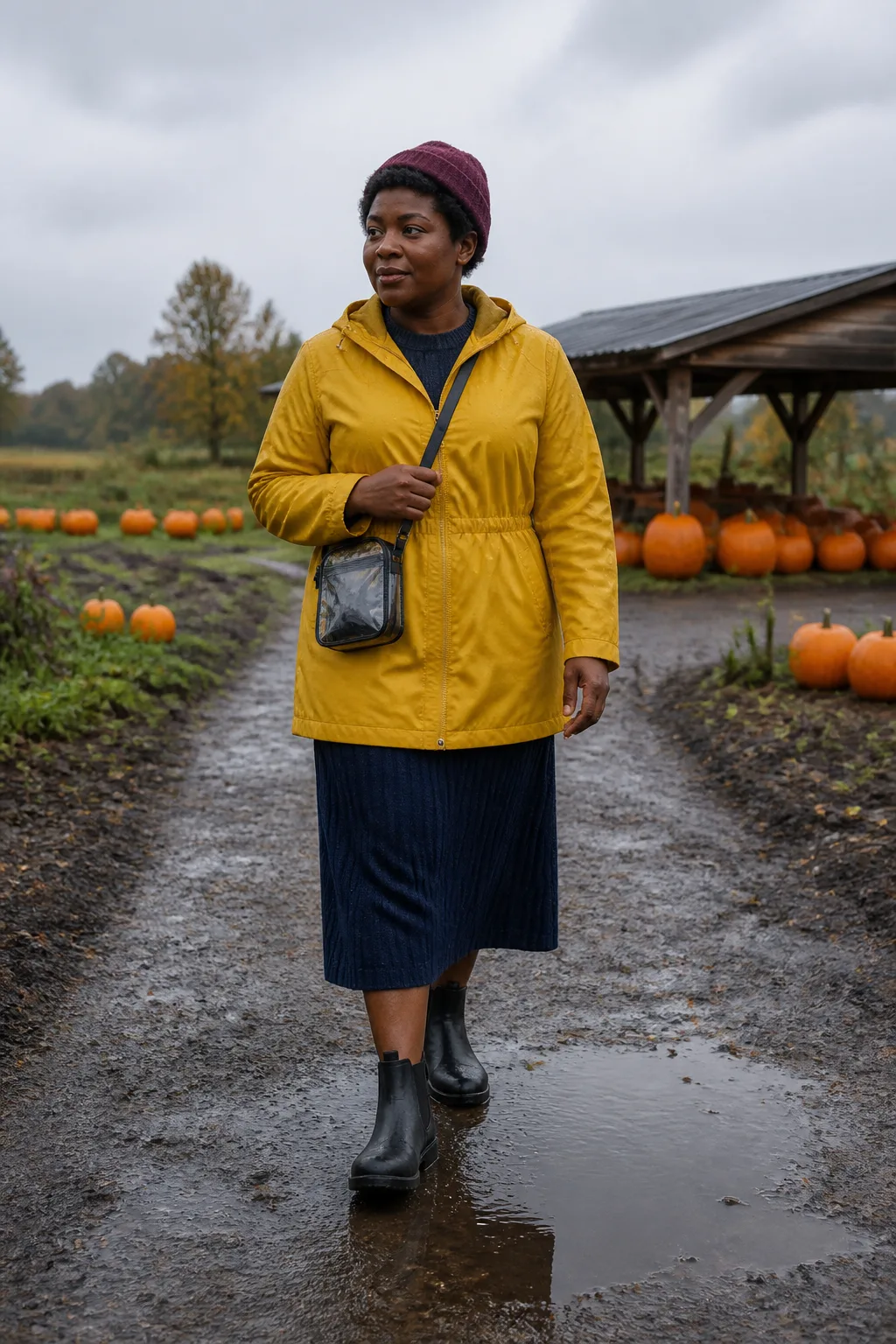 Mustard Raincoat with Knit Skirt