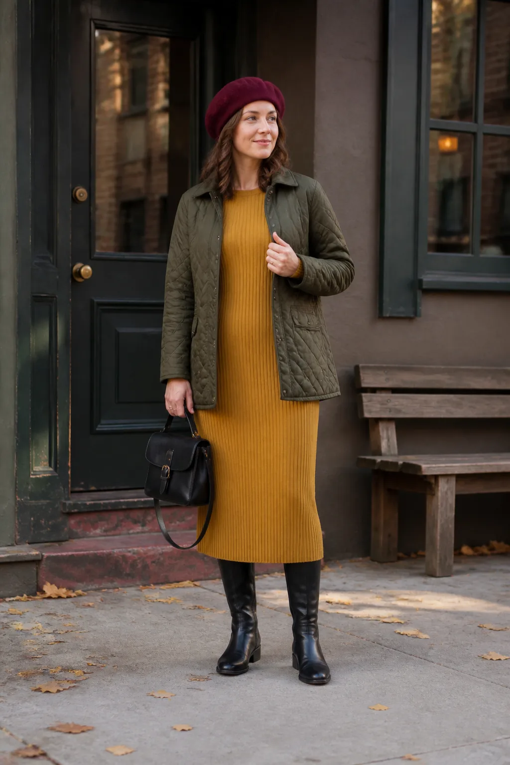 Mustard Sweater Dress with Black Riding Boots