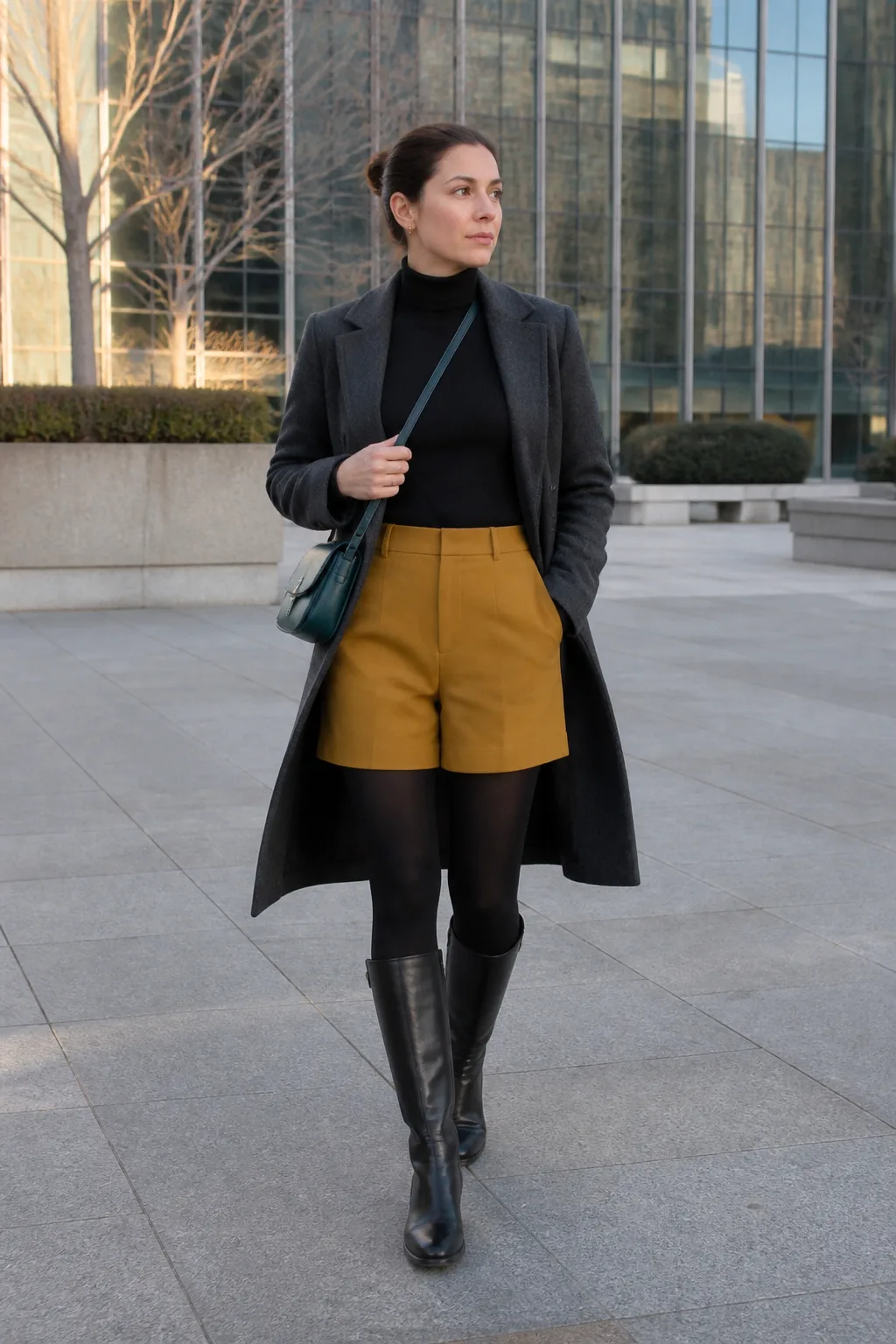 Mustard Wool Shorts with a Black Turtleneck and Long Coat