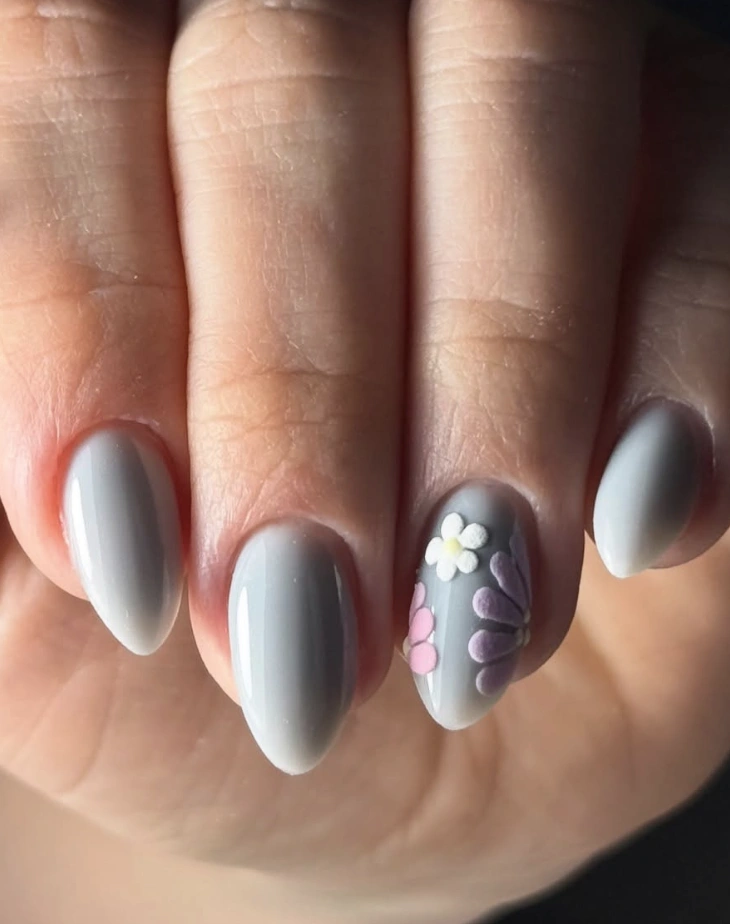 Muted Grey Almond Nails with 3D Floral Accent