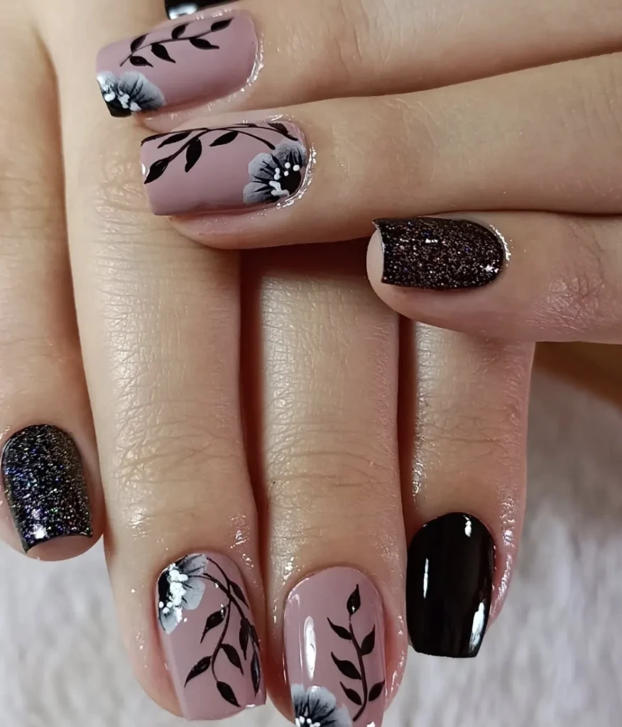 Muted Rose and Noir Floral Accent Nails