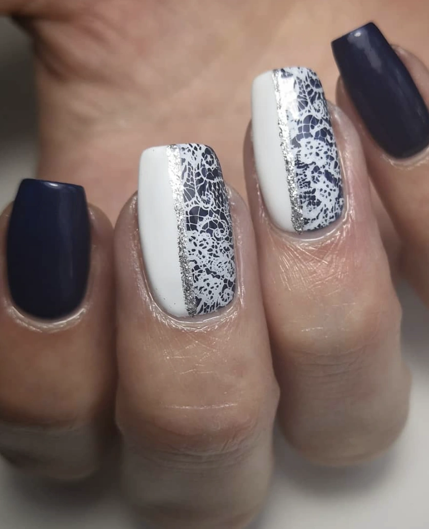 Navy and White Square Nails with Silver Glitter Accent and Lace Decal