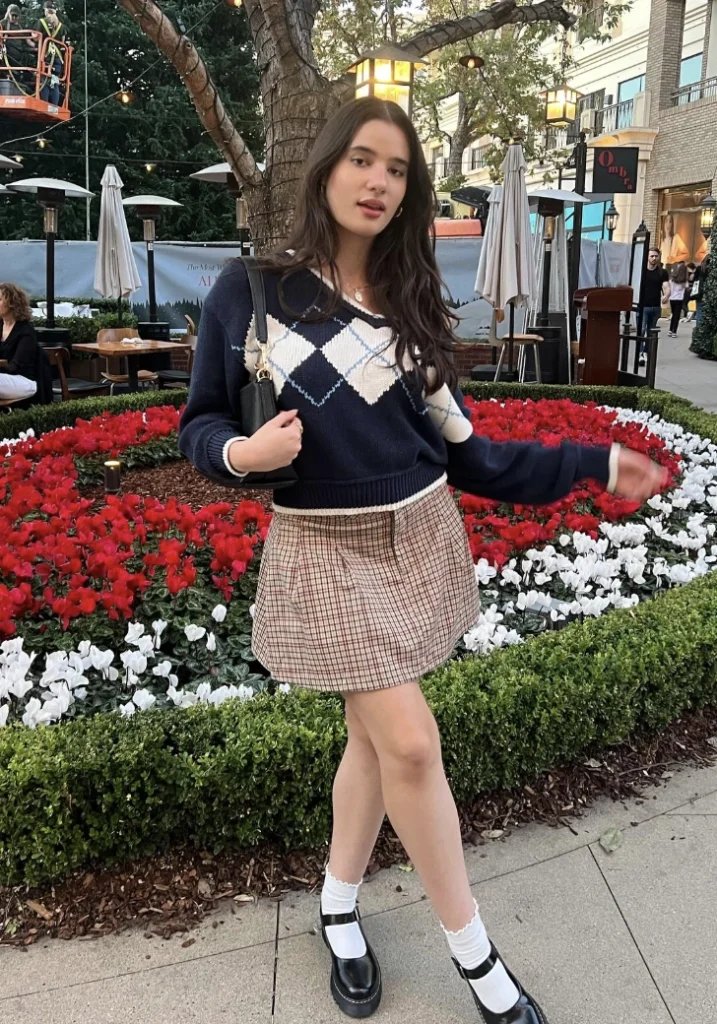Navy Argyle Sweater + Brown Plaid Mini Skirt