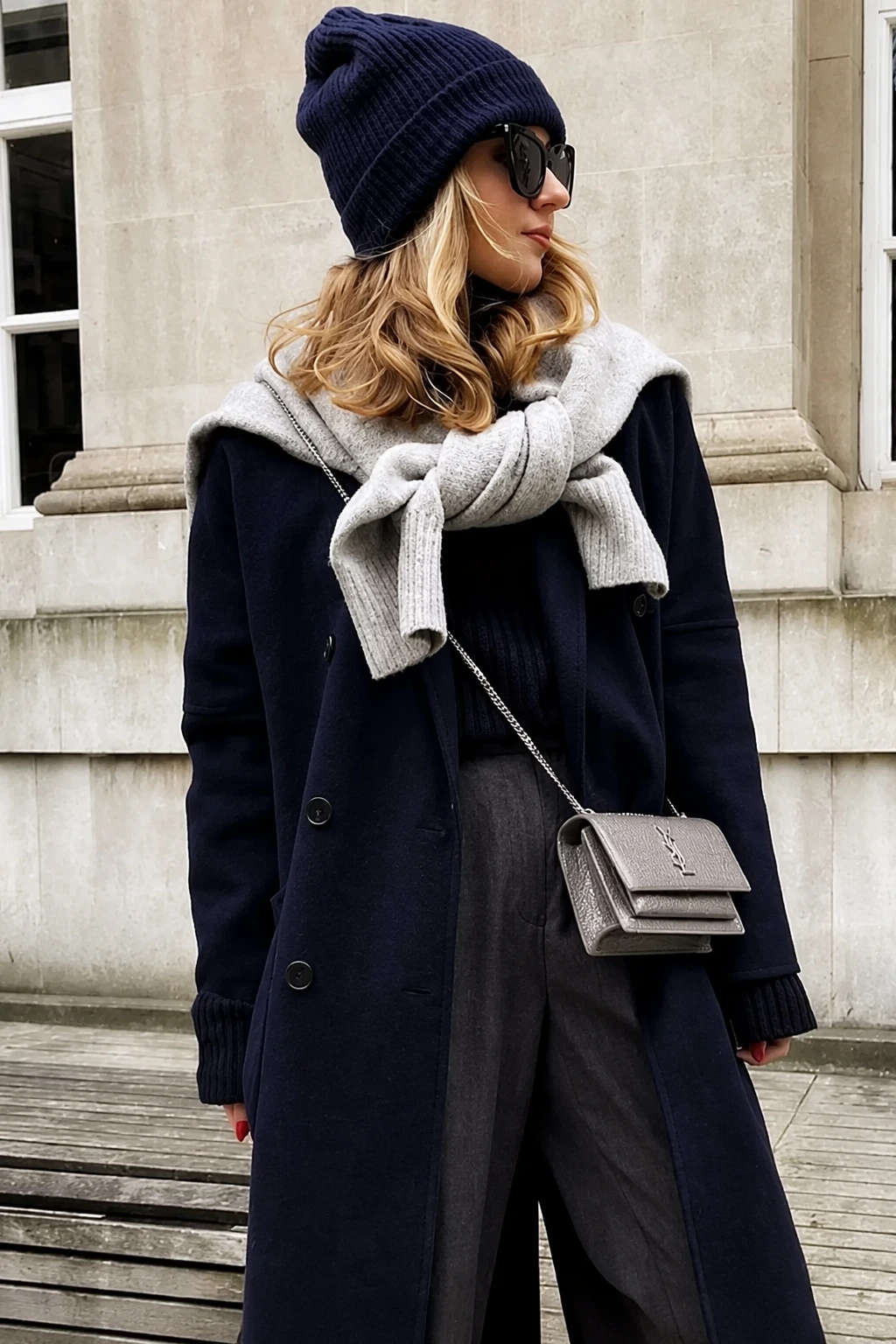 Navy Beanie + Grey Sweater Drape + Navy Coat