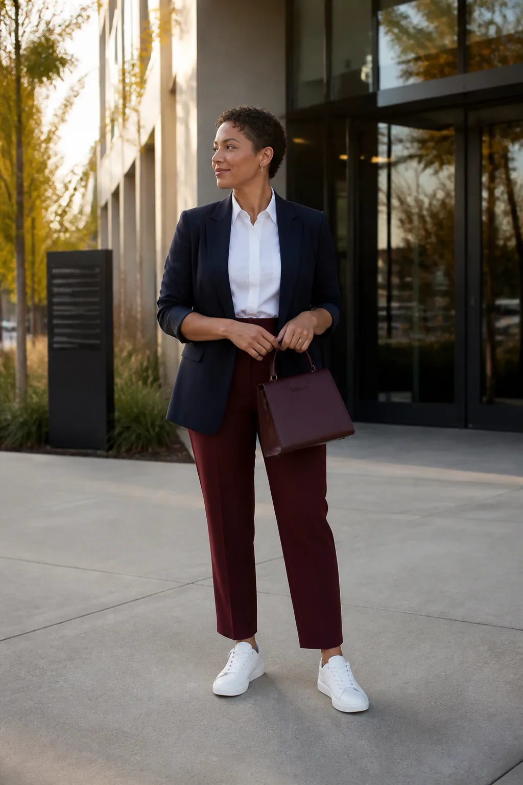 Navy Blazer, Burgundy Trousers, and White Leather Sneakers