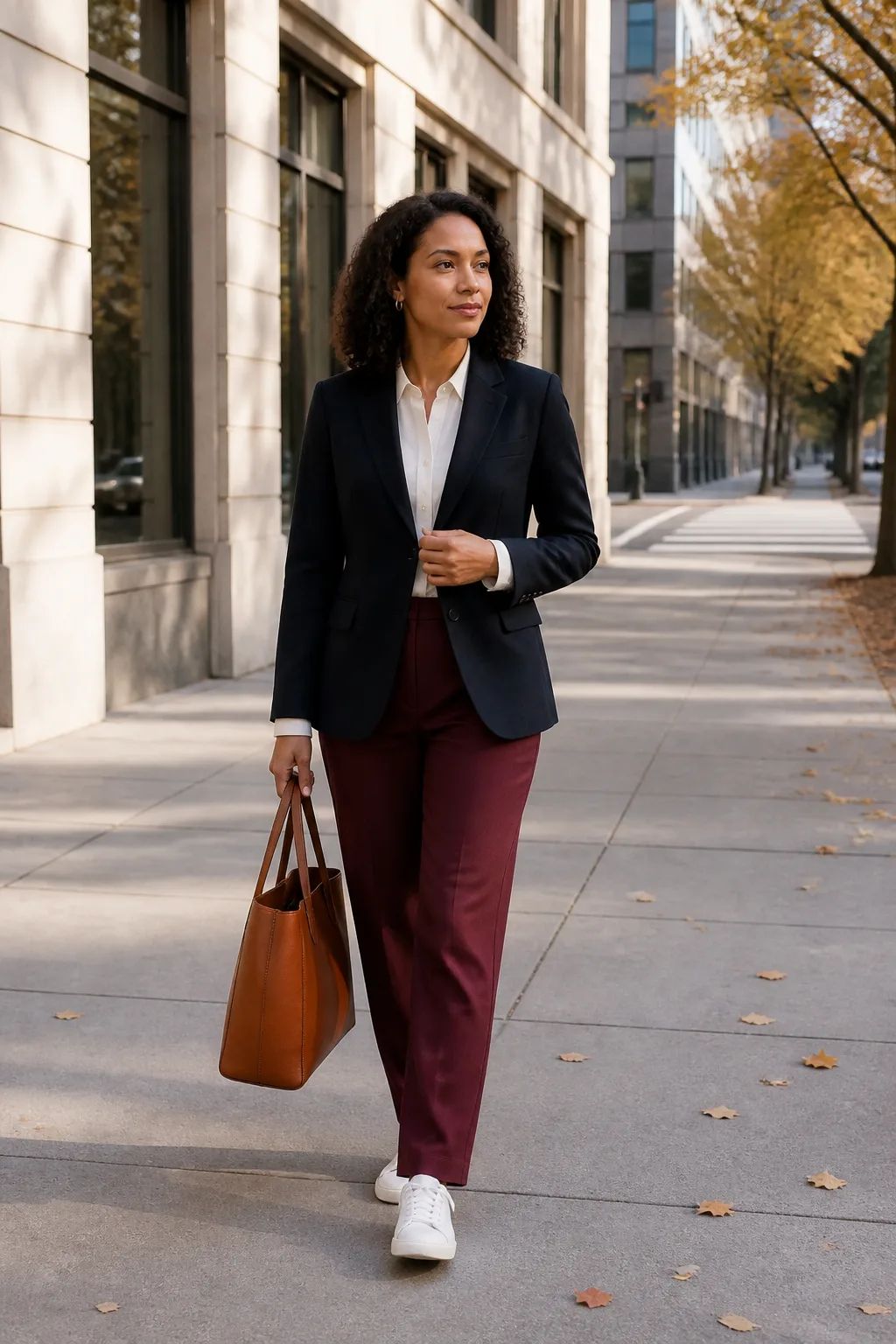Navy Blazer, Burgundy Trousers, and White Leather Sneakers