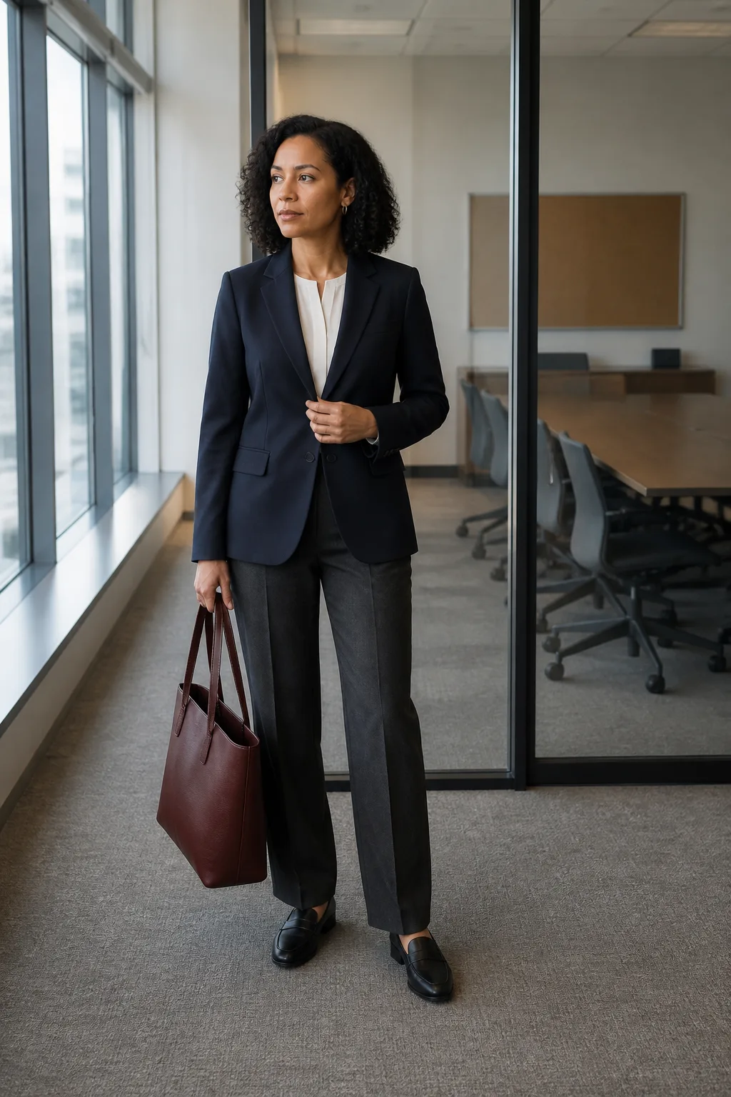 Navy Blazer, Ivory Shell, and Charcoal Trousers