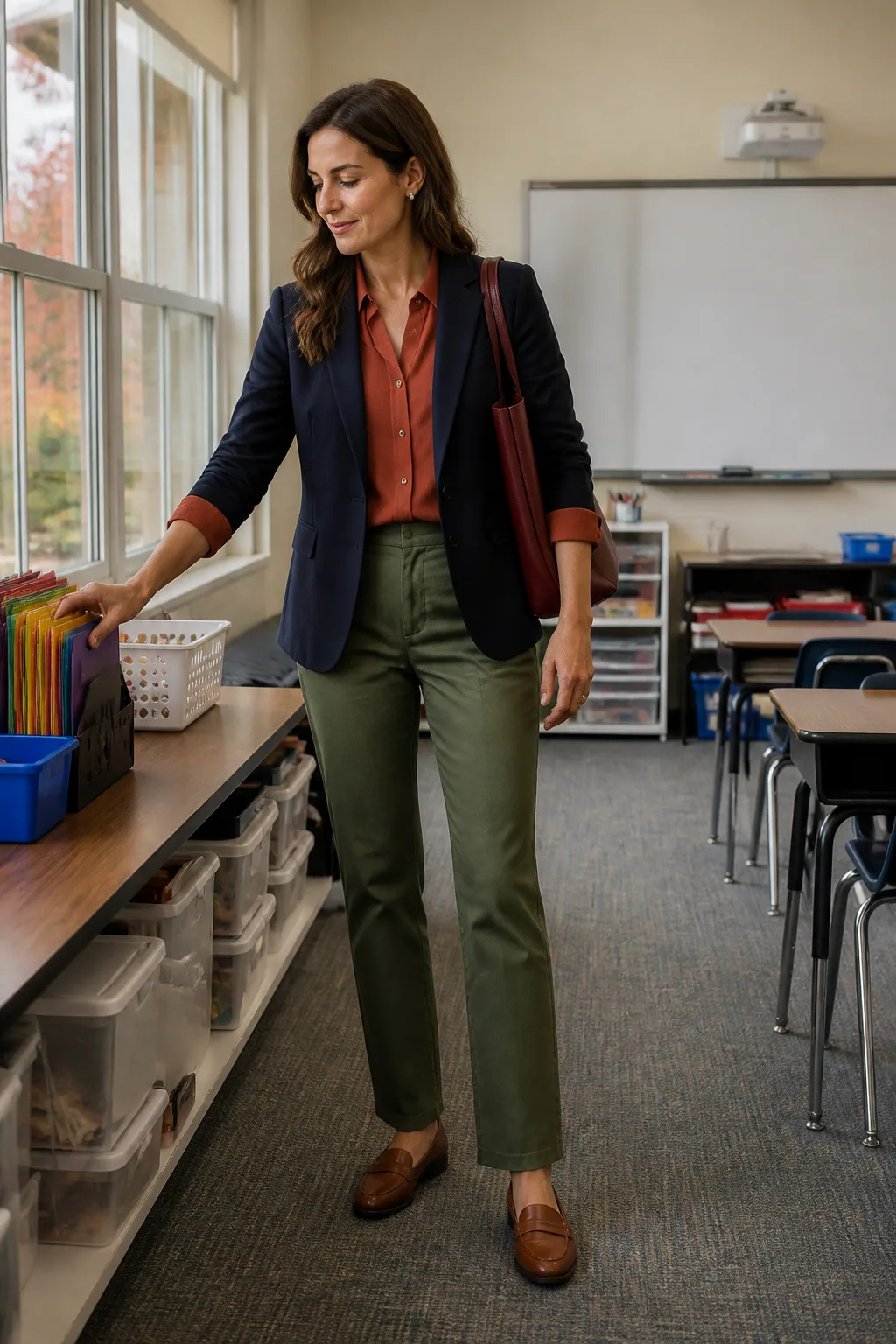 Navy Blazer, Rust Blouse, and Olive Trousers