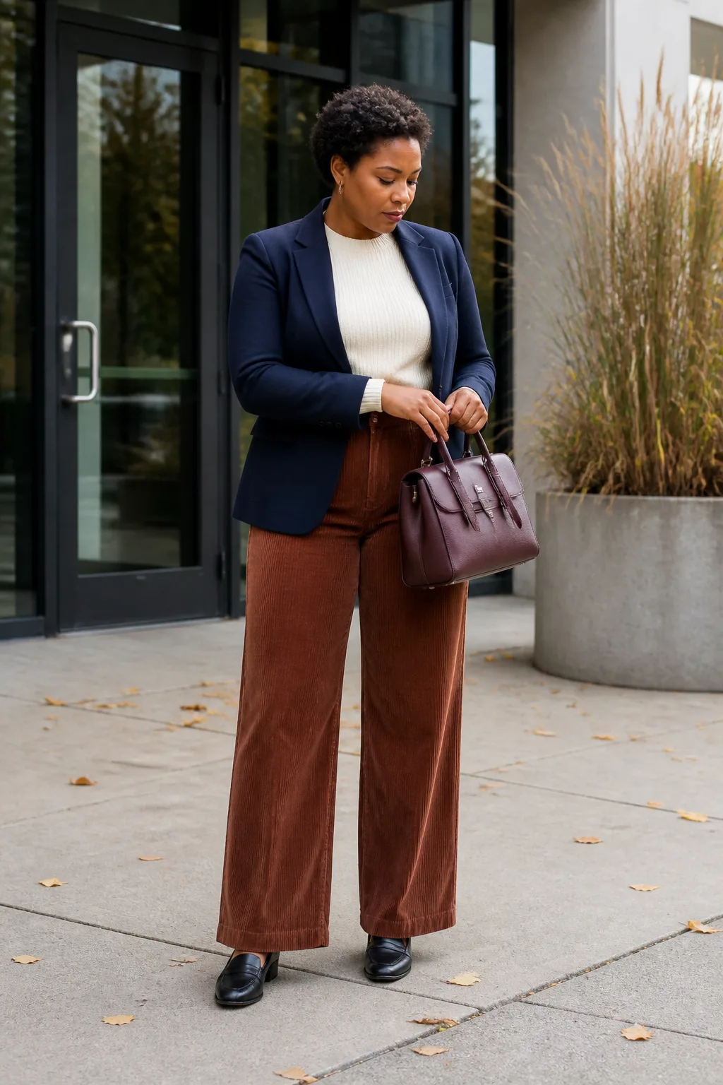 Navy Blazer with Wide-Leg Corduroy Trousers