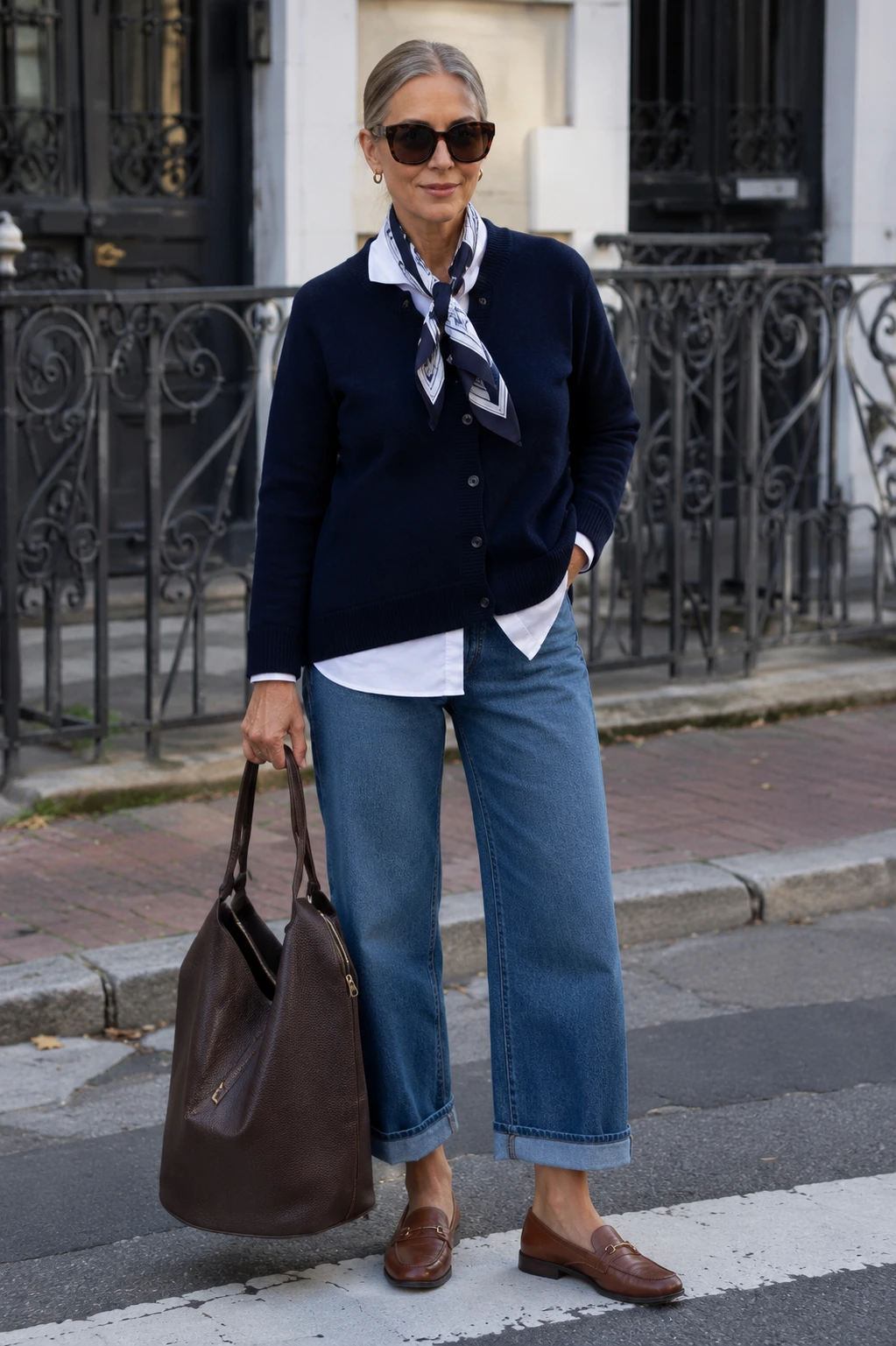 Navy Cardigan + White Button-Down + Cuffed Jeans