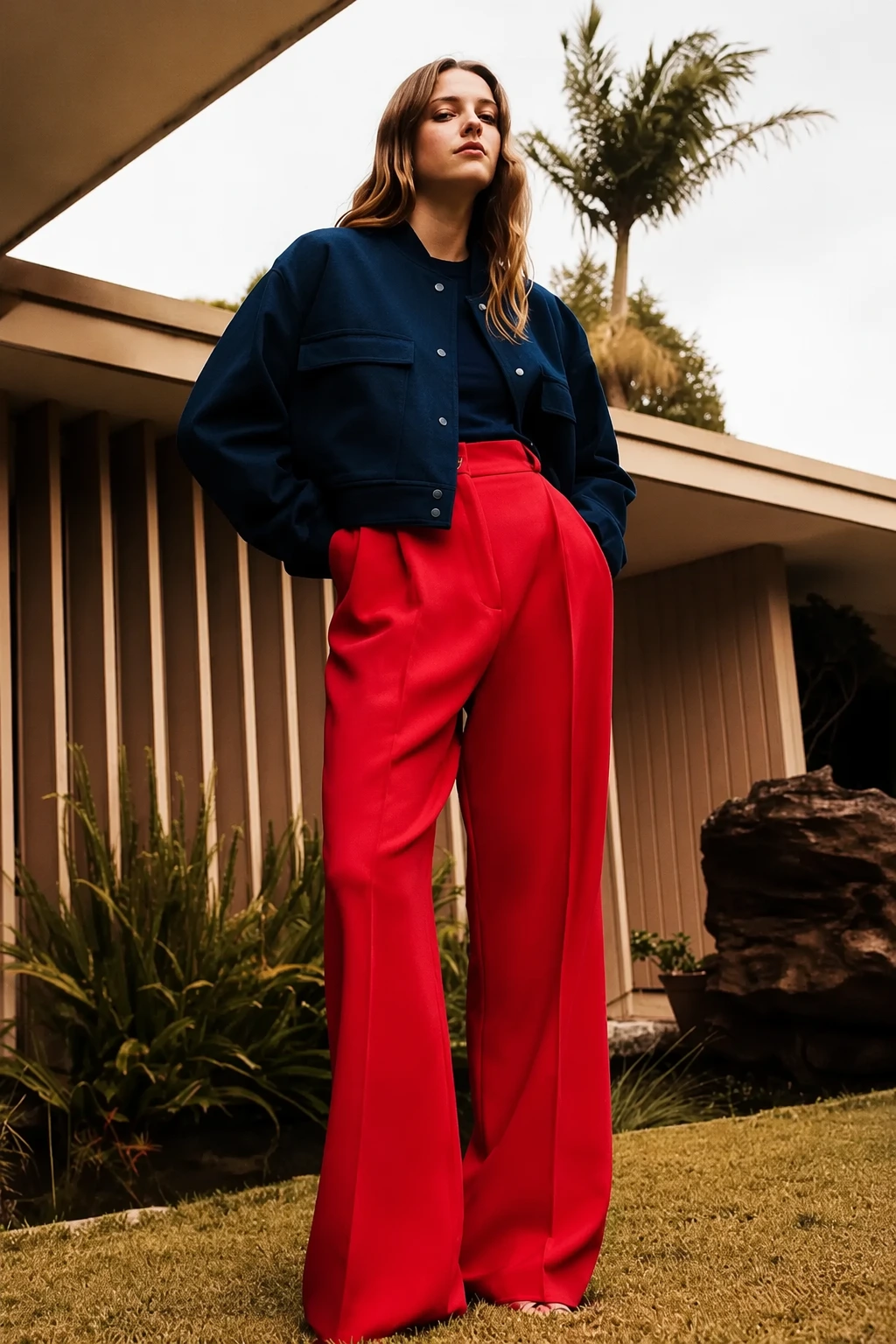 Navy Jacket + Red Wide Leg Pants