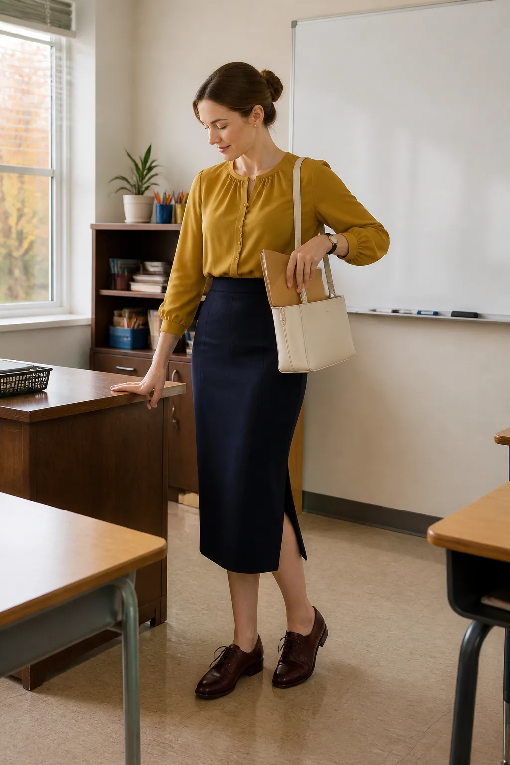 Navy Knit Skirt, Mustard Blouse, and Oxford Shoes