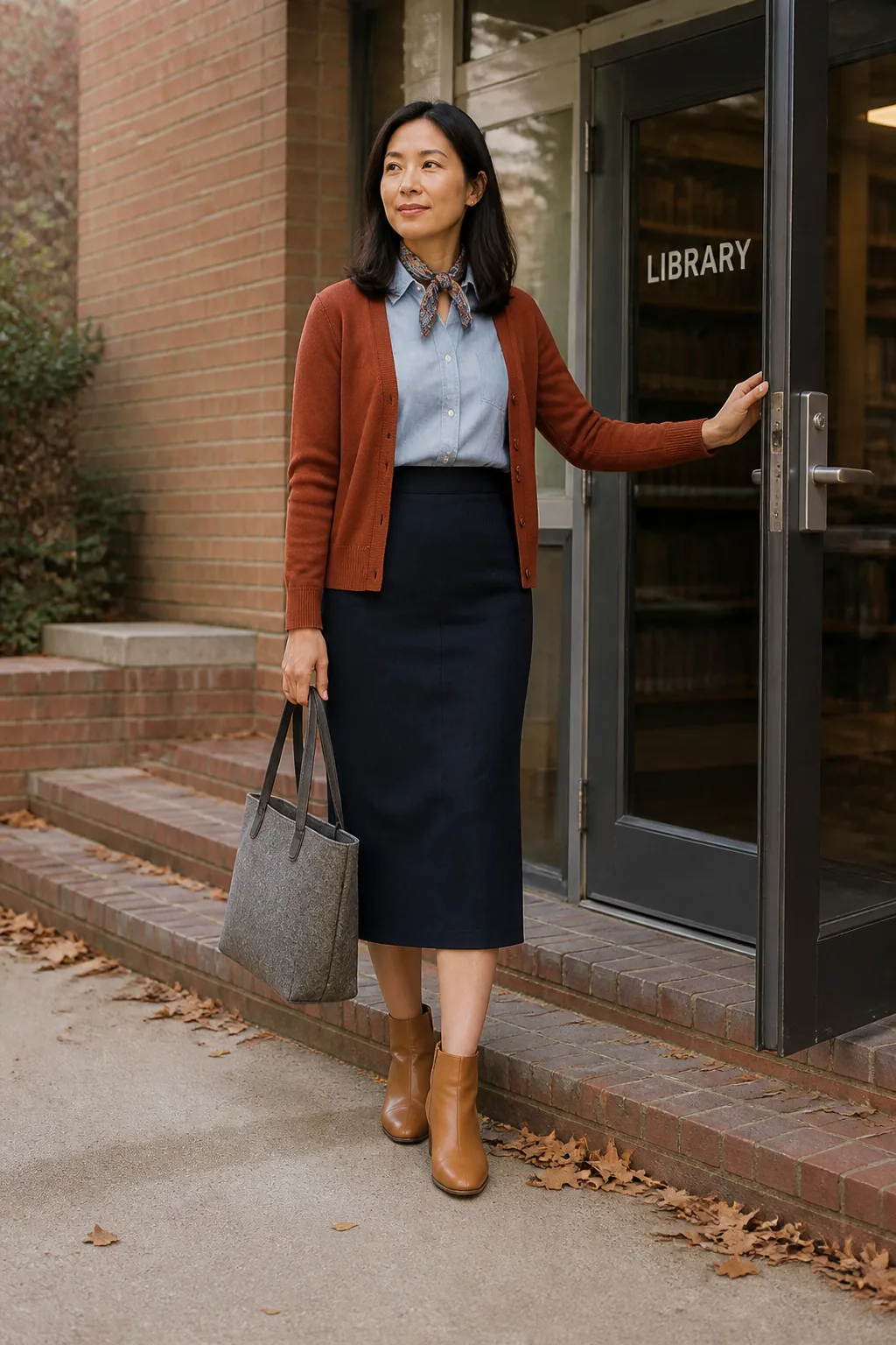 Navy Midi Skirt, Chambray Shirt, and Cardigan