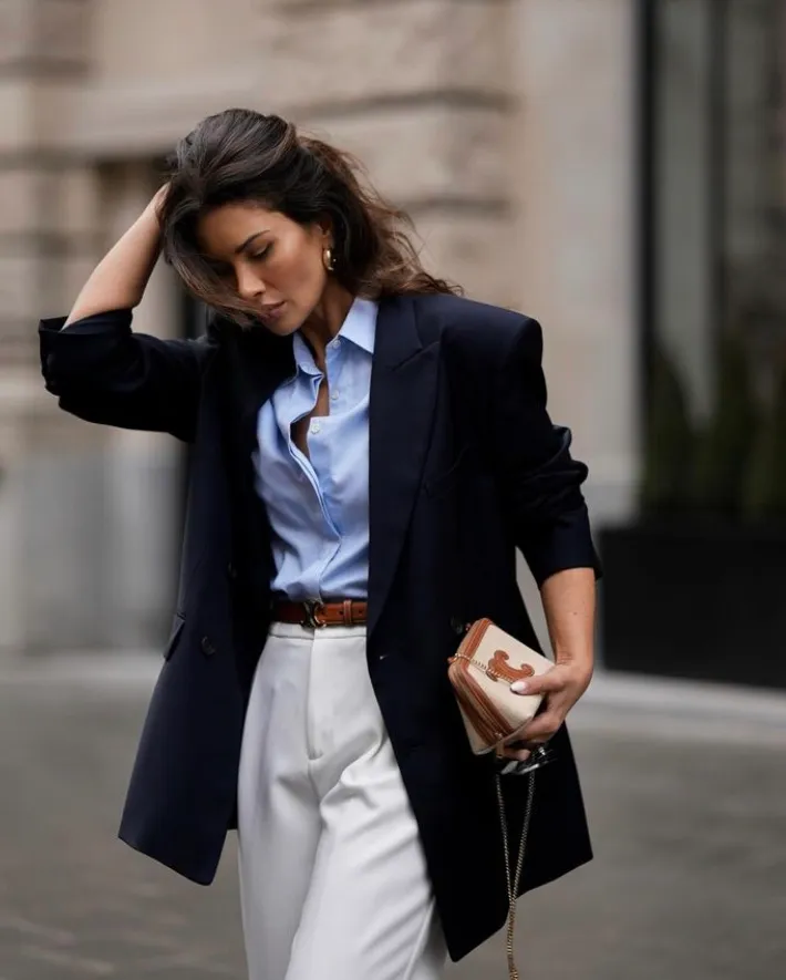 Navy Oversized Blazer + Light Blue Button-Up Shirt + White High-Waisted Trousers + Brown Leather Belt