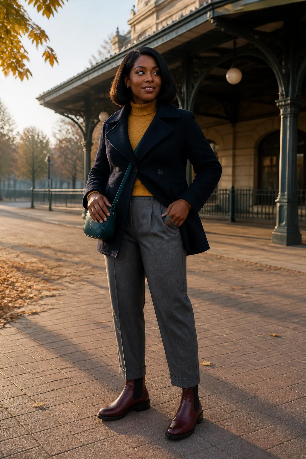 Navy Peacoat, Mustard Turtleneck and Gray Trousers