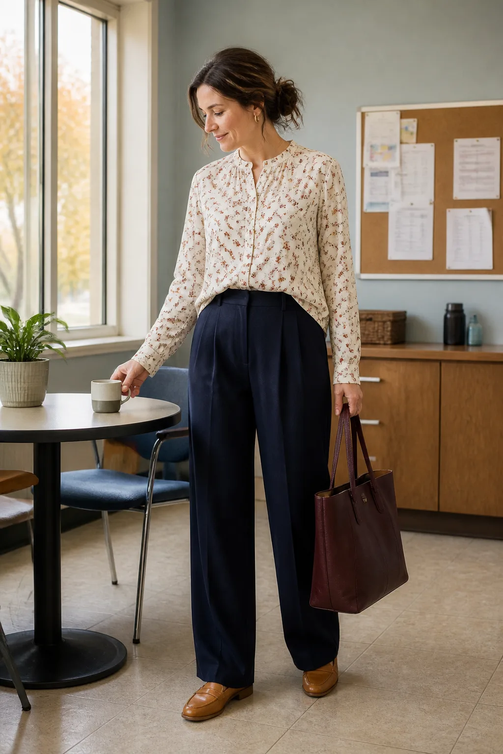 Navy Pleated Trousers, Floral Blouse, and Loafers