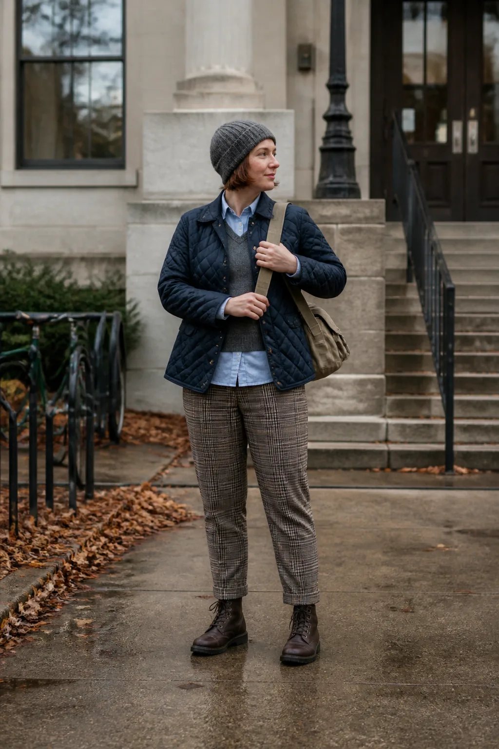 Navy Quilted Jacket with Plaid Trousers