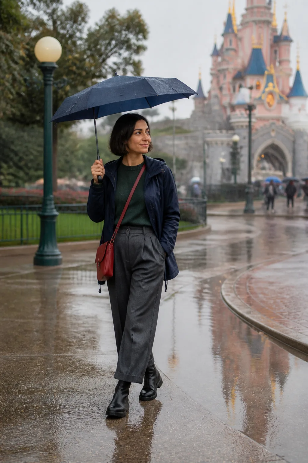 Navy Raincoat, Merino Sweater and Wide-Leg Trousers