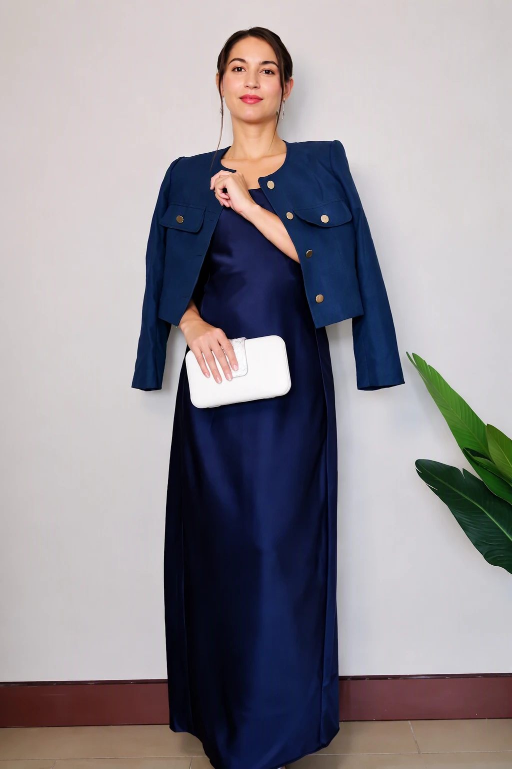 Navy Satin Maxi Dress + Blue Cropped Jacket