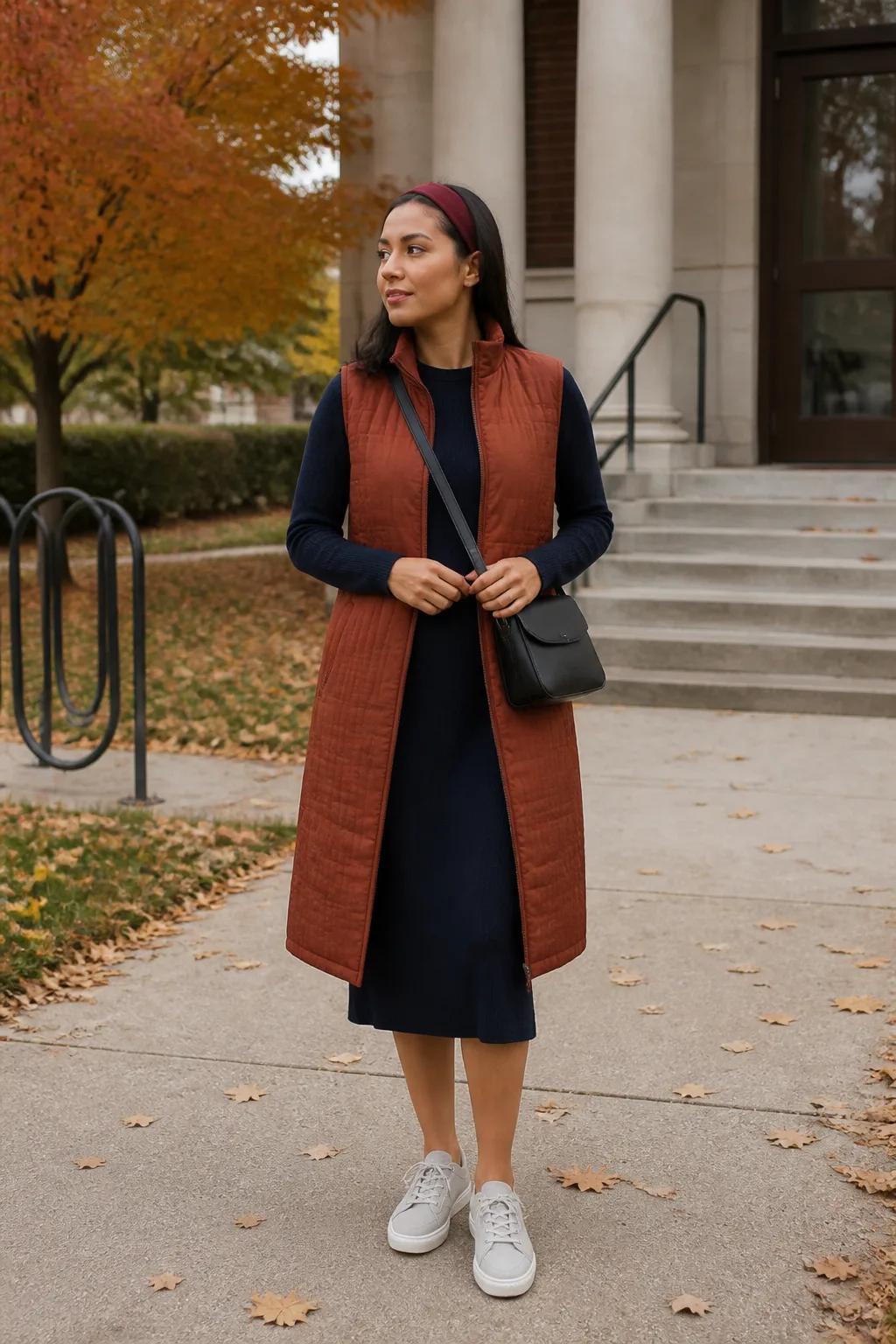 Navy Sweater Dress, Long Vest, and Metallic Sneakers