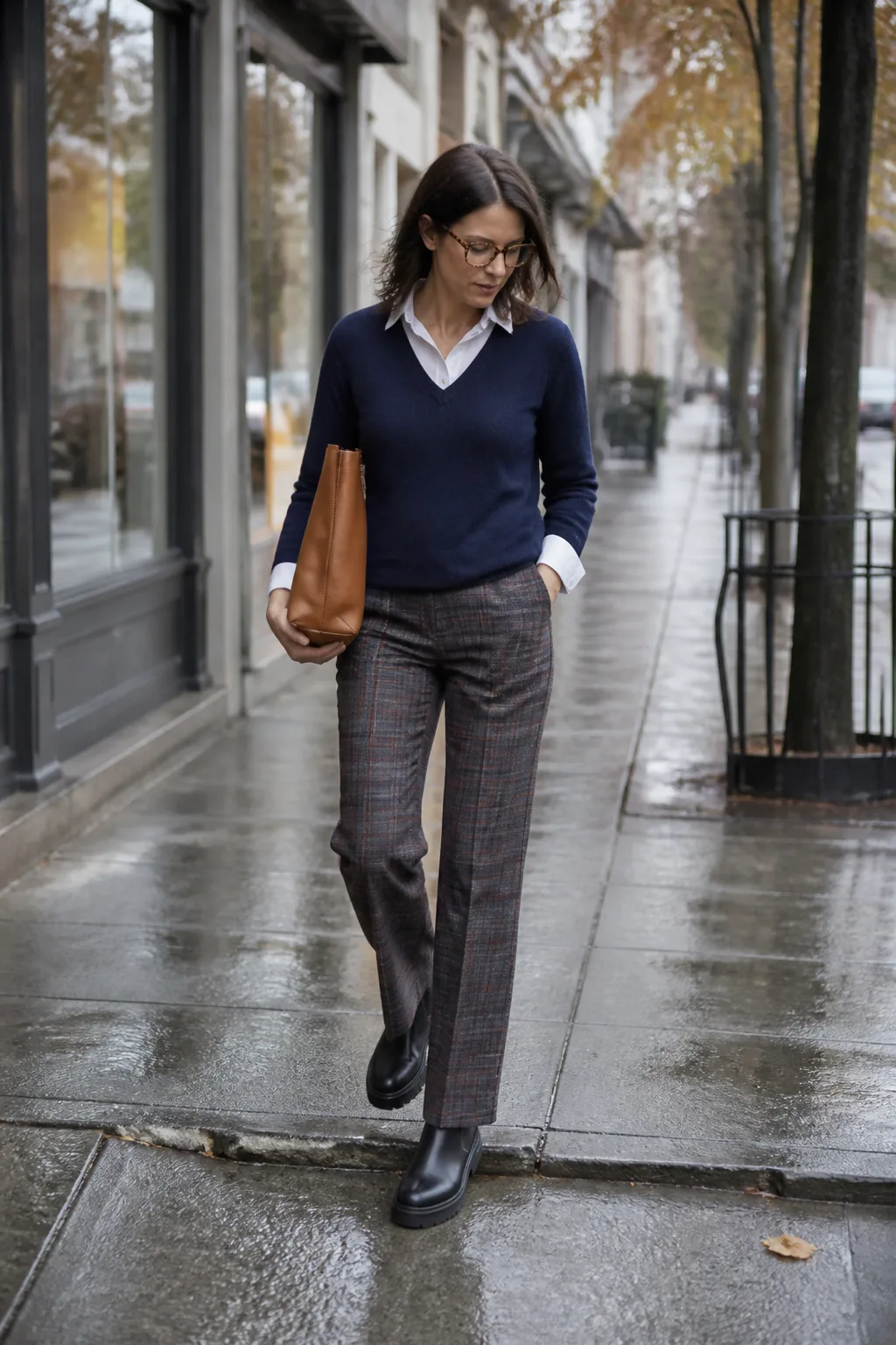 Navy Sweater, Plaid Pants and Platform Chelsea Boots