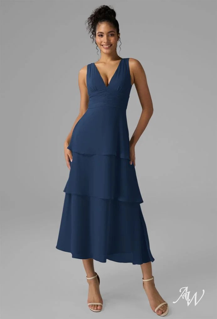 Navy Tiered V-Neck Midi Dress