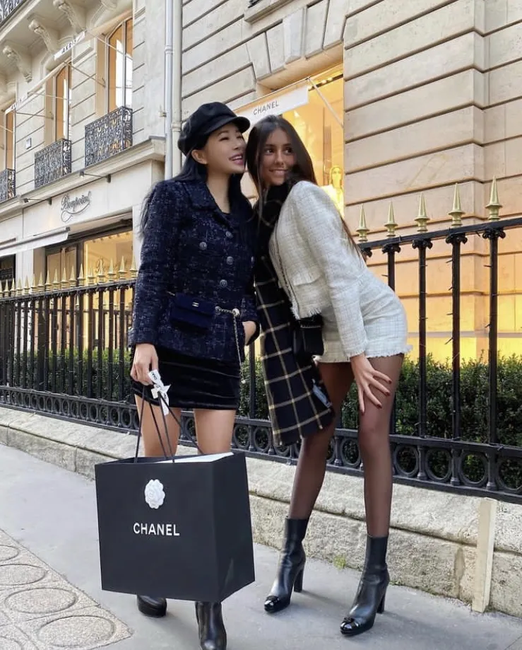 Navy Tweed Jacket + Black Velvet Mini Skirt + Black Leather Ankle Boots + Light Gray Tweed Jacket + Black Plaid Mini Skirt + Black Ankle Boots