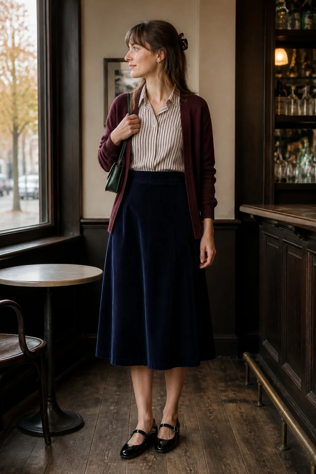 Navy Velvet Skirt with Striped Oxford Shirt