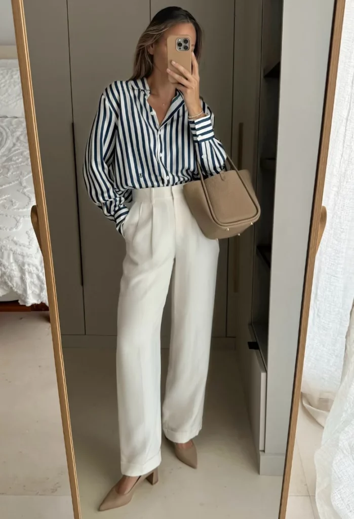 Navy White Striped Button-Up Blouse + White High-Waisted Wide-Leg Trousers + Beige Block-Heel Pumps