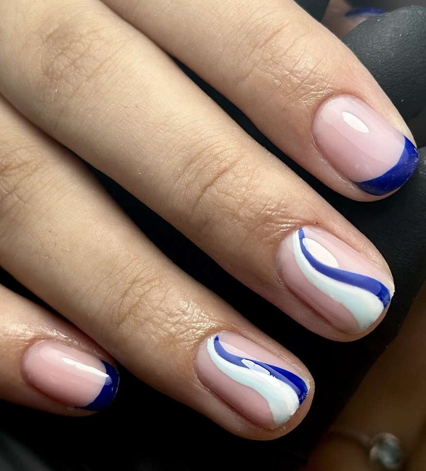 Navy & White Wave Nail Art on Nude Base