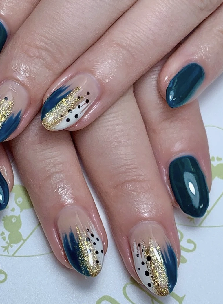 Negative Space Nails with Teal, Gold Glitter, and Dot Accents