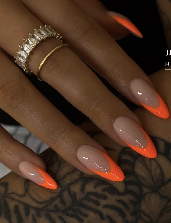 Neon Orange French Tip Almond Nails
