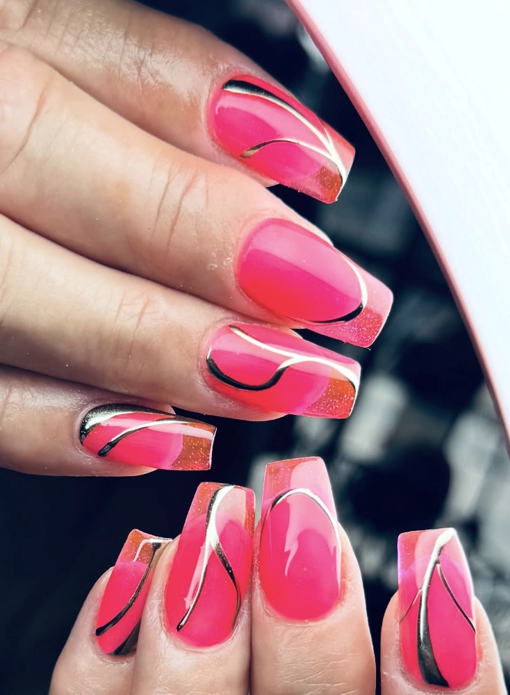 Neon Pink Nails with Abstract Gold Lines and Glitter Accents