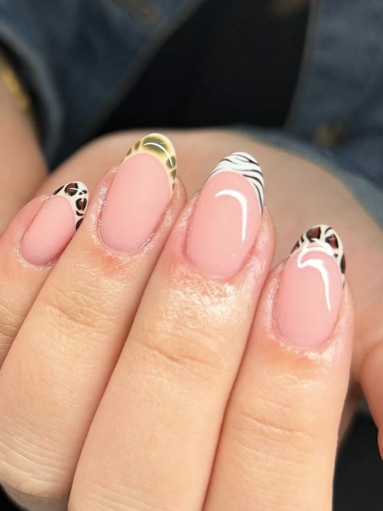 Nude Almond Nails with Animal Print French Tips