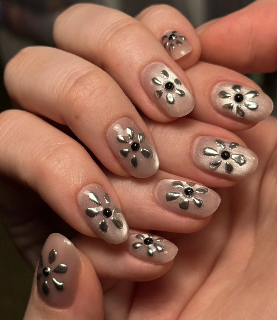 Nude Almond Nails with Dimensional Silver Flowers