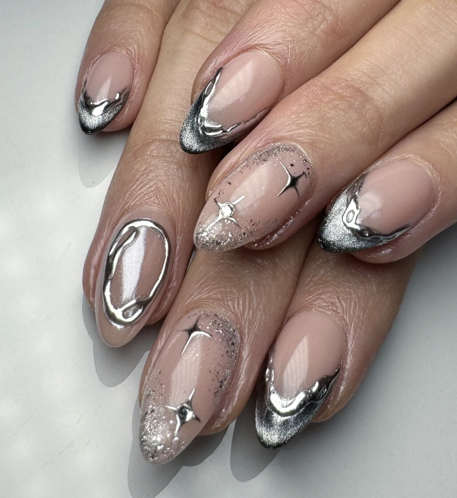 Nude Almond Nails with Silver Chrome Abstract Details