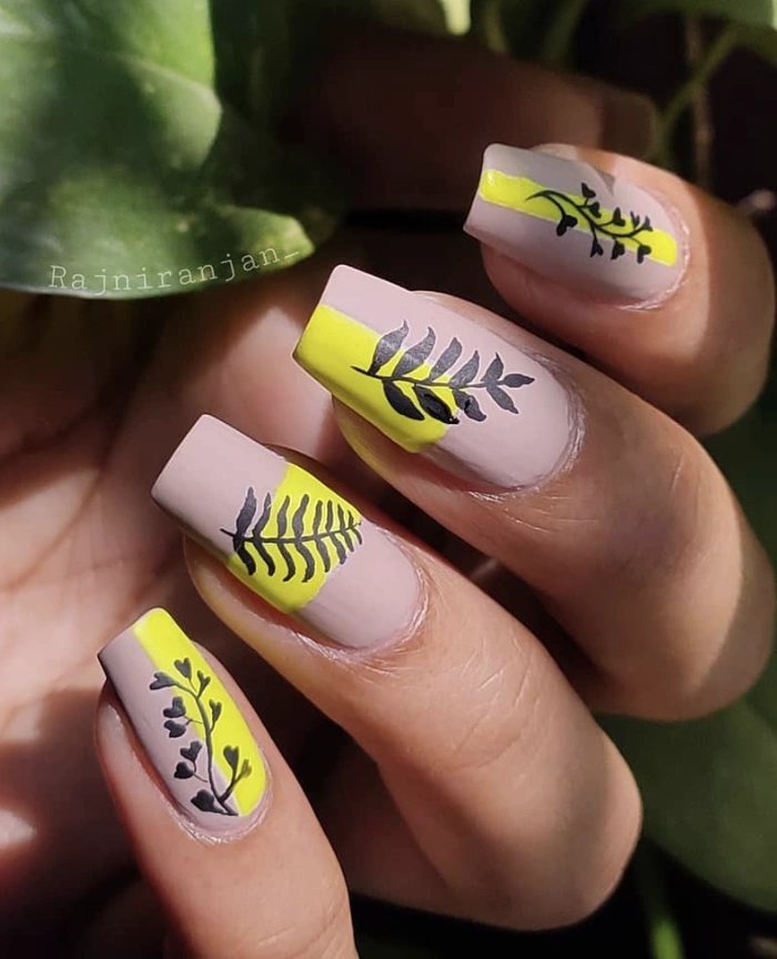 Nude Base + Chartreuse Tips with Botanical Graphic Nail Art