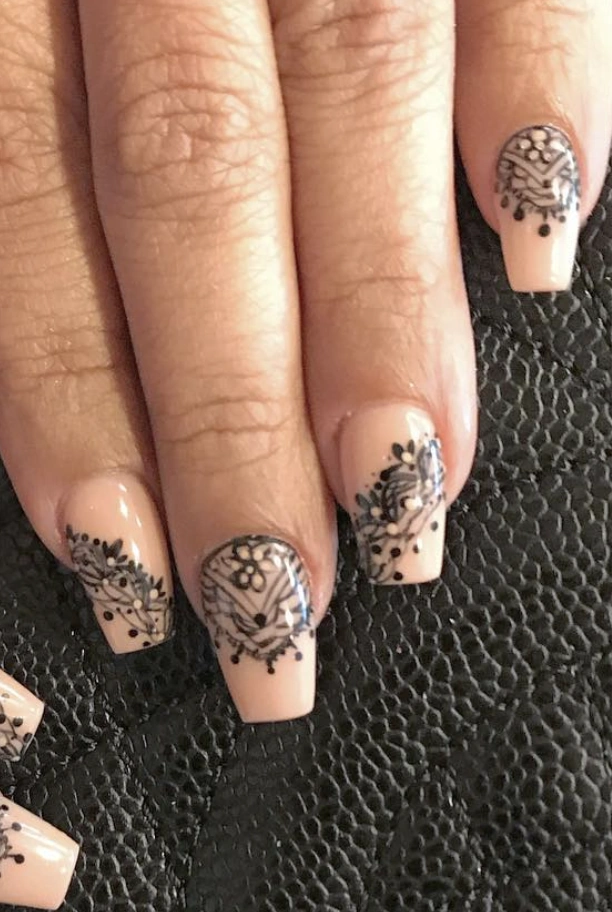 Nude Coffin Nails with Intricate Black Lace Detailing