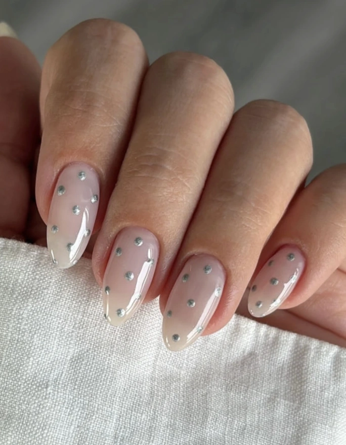 Nude Ombre Almond Nails with Silver Dot Accents