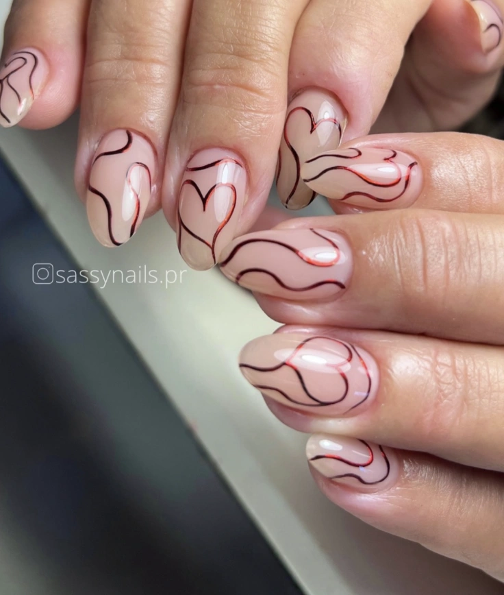 Nude Oval Nails with Abstract Heart Outlines