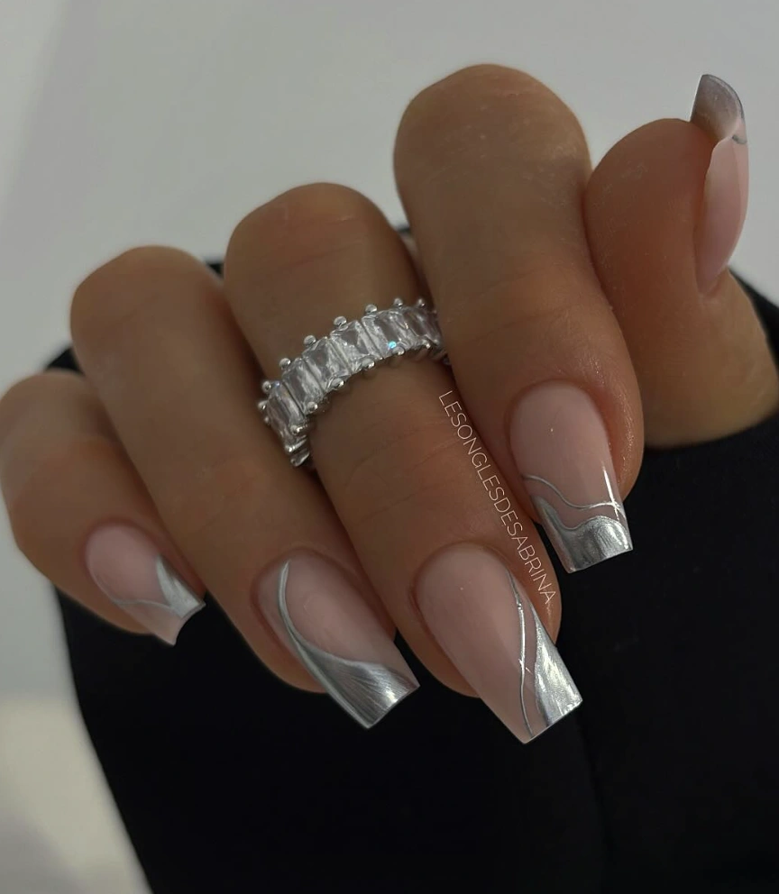 Nude Square Nails with Abstract Silver Metallic Accents