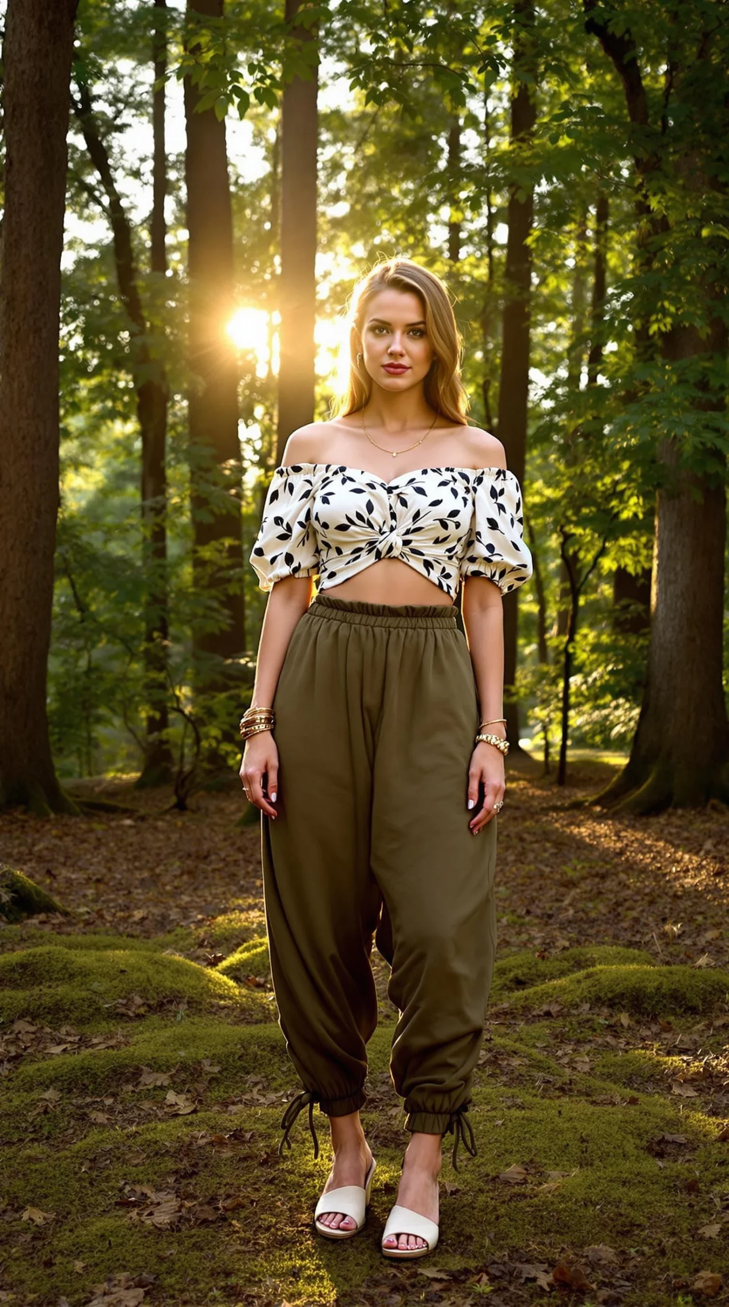 Off-Shoulder Leaf Print Top + Olive Harem Pants