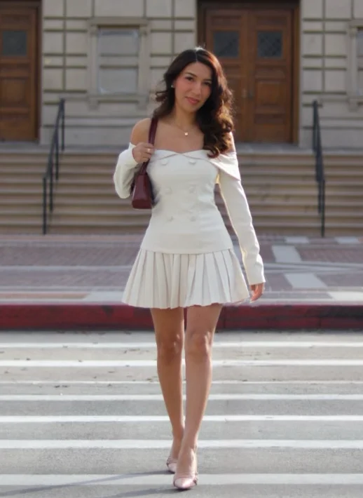 Off-Shoulder White Sweater Dress + Nude Heels + Burgundy Shoulder Bag