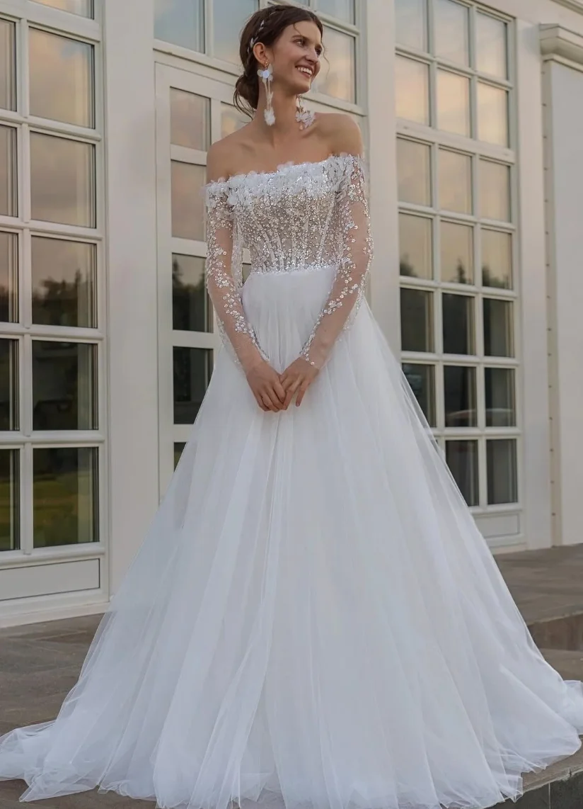 Off-the-Shoulder Lace Bodice Tulle White Ball Gown