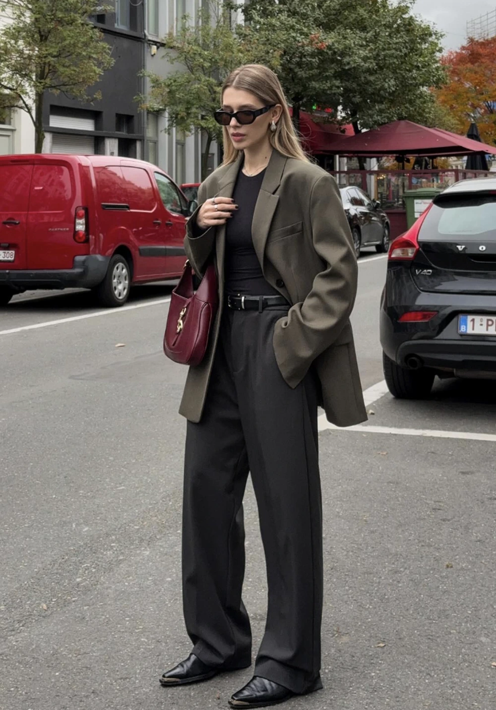 Olive Blazer + Black Knit Top + Wide-Leg Trousers