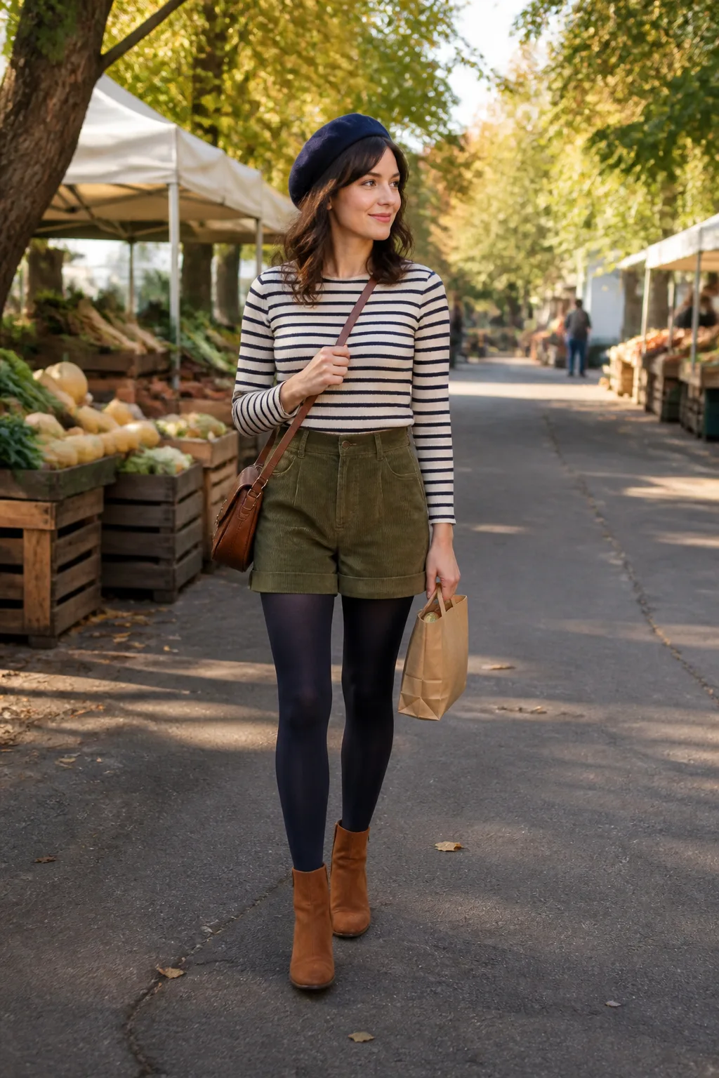 Olive Corduroy Shorts with a Striped Breton Top