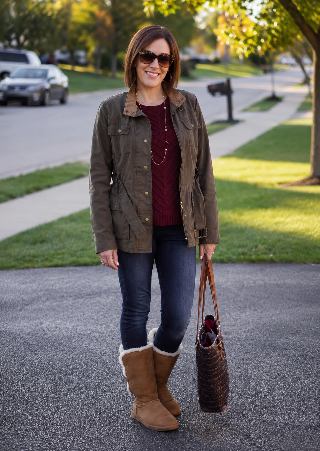 Olive Field Jacket + Burgundy Knit Top + Dark Skinny Jeans