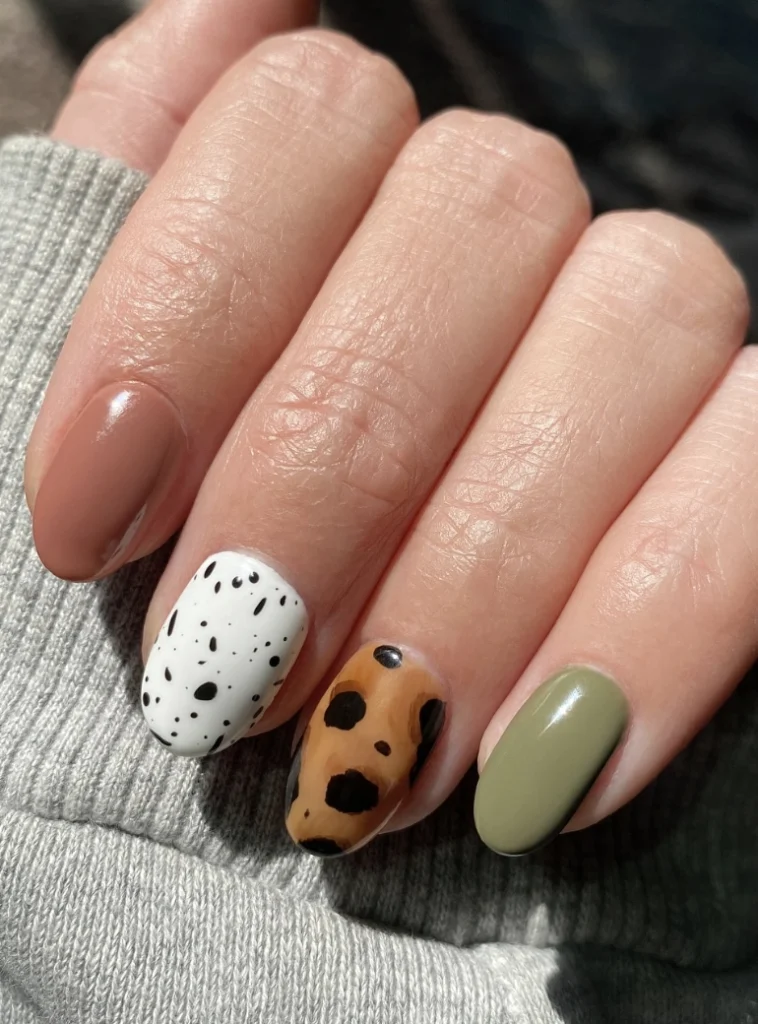 Olive Green and Earthy Brown Nail Design with Playful Speckled Accents