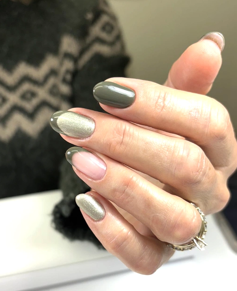 Olive Green and Shimmer Gold Manicure