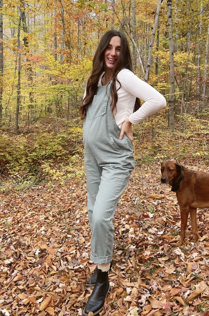 Olive Green Overalls + Cream Long Sleeve Top + Black Ankle Boots